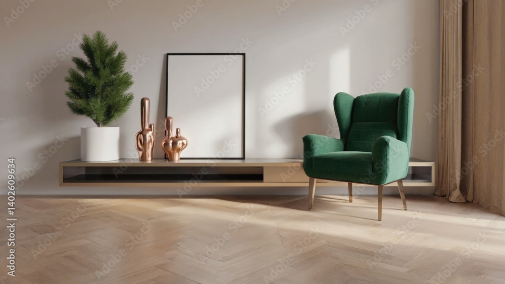 Clean lines, minimalist furniture arrangement in neutral tones.