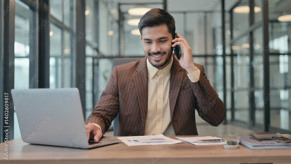 Businessman in suit on call, laptop, documents and phone on table.