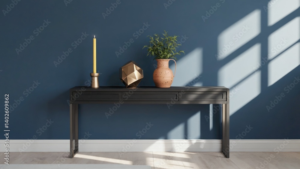Minimalist, black table with candle and potted plant against blue wall.