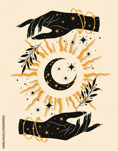 Boho crescent and woman hand. Alchemy esoteric magic space. Elegant illustration.
