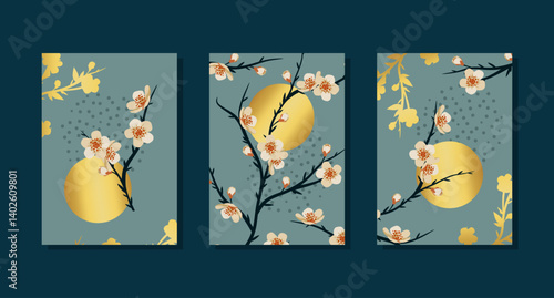 Elegant branch of sakura with flowers and leaves. Golden sun on blue background. Wall art composition. 