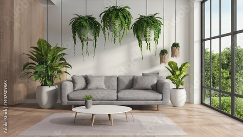 A well-lit, contemporary living area with white walls, large indoor plants hanging from the ceiling, a comfortable couch, a rug, and floor to ceiling windows offering an outside view.