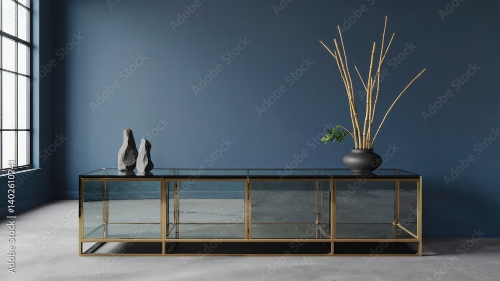 Modern, minimalist glass-fronted cabinet with multiple shelves in a contemporary style. Perfect for home decor and space optimization.