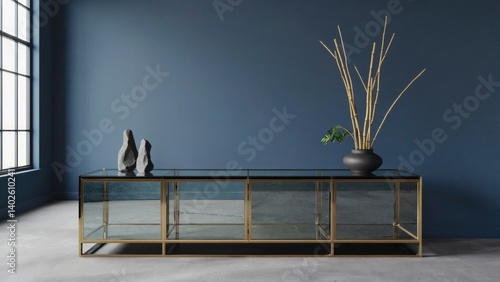 Obraz na płótnie Modern, minimalist glass-fronted cabinet with multiple shelves in a contemporary style. Perfect for home decor and space optimization. w salonie