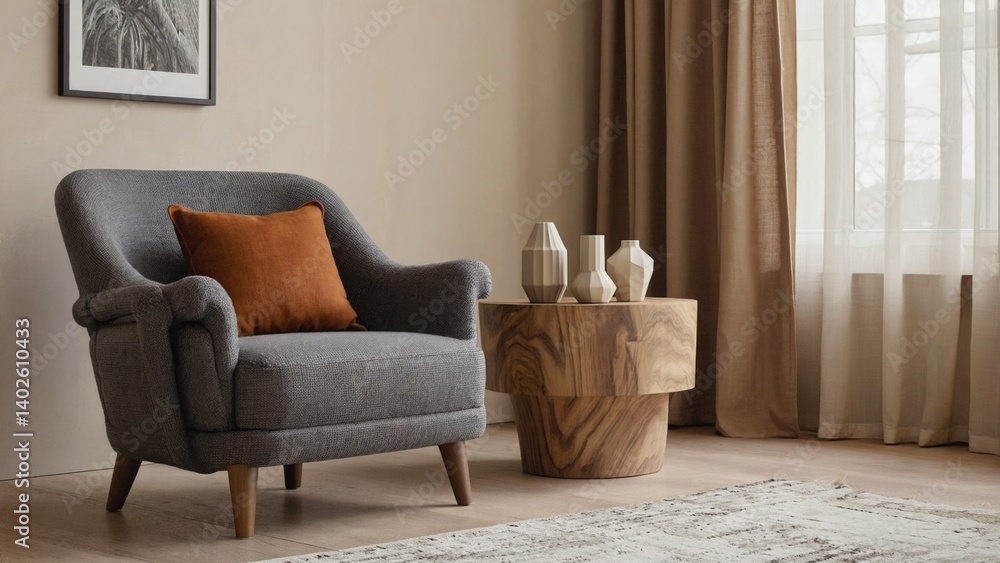 Colorful armchair in a cozy living room, modern design elements with curtains and wooden floor.