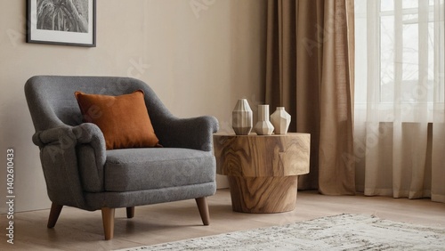 Obraz na płótnie Colorful armchair in a cozy living room, modern design elements with curtains and wooden floor. w salonie