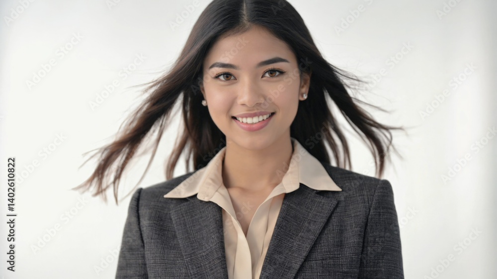 Happy, modern professional businesswoman smiling at camera with blowing hair.