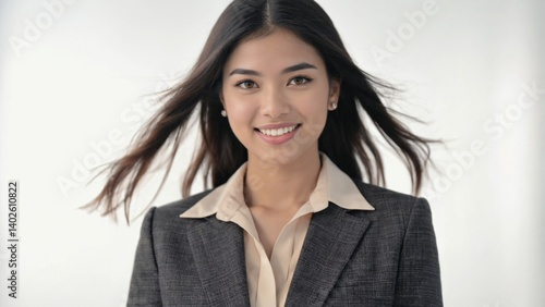 Obraz na płótnie Happy, modern professional businesswoman smiling at camera with blowing hair. w salonie