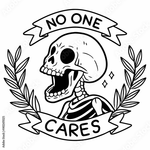 Cartoon Skeleton No One Cares Banner Black and White Illustration