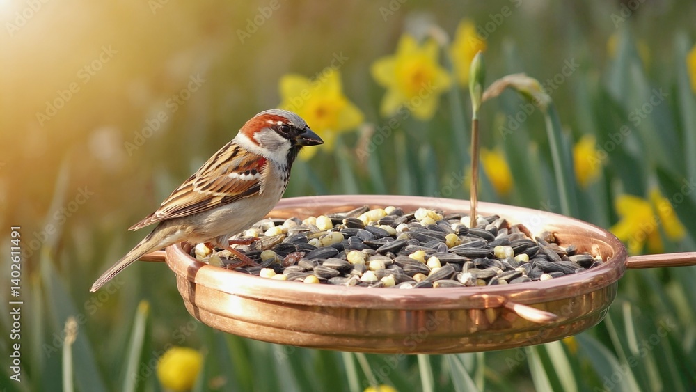 Image of a small bird perched on a feeder filled with seeds, surrounded by grass and yellow flowers under bright sunlight.