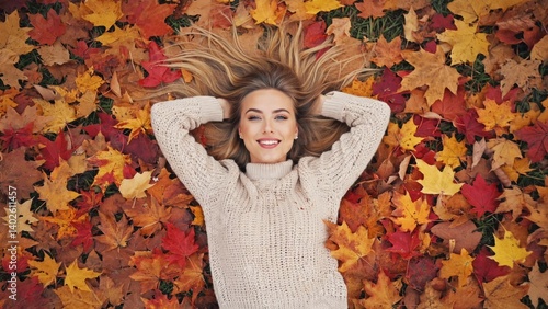 Obraz na płótnie A beautiful woman in a sweater relaxes amidst an autumn foliage, enjoying the fall season. w salonie