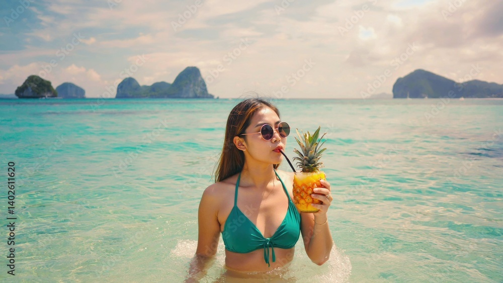 Girl in bikini drinking pina colada while floating in ocean