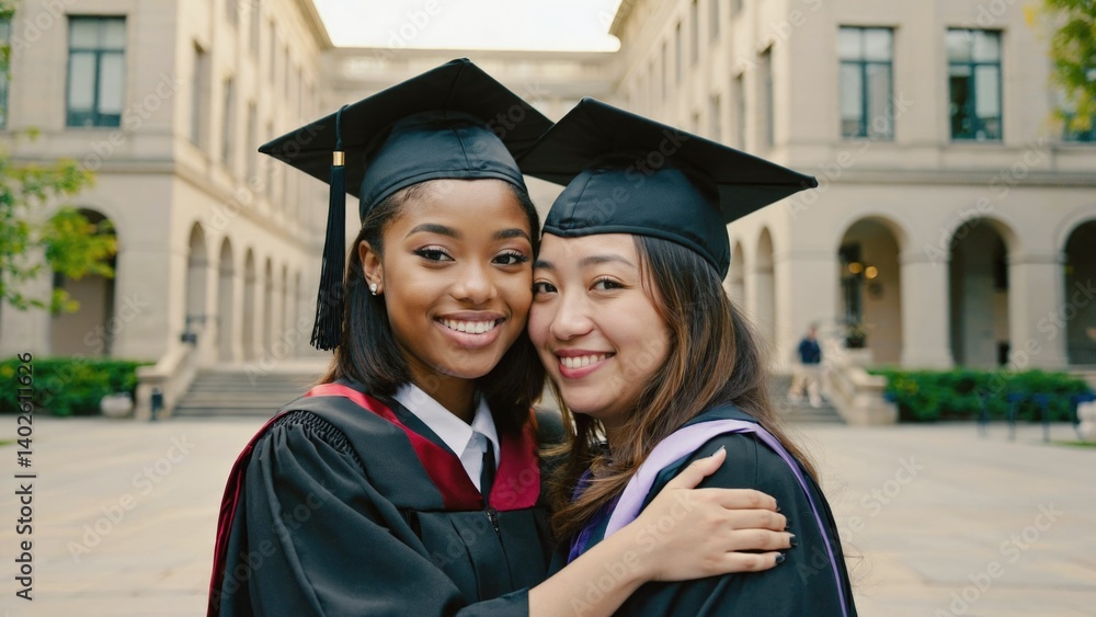 Two young women hugging after graduating from college. Celebrating their academic achievements together.