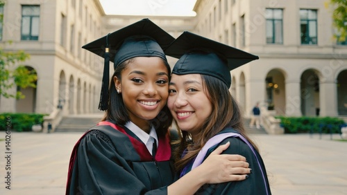 Two young women hugging after graduating from college. Celebrating their academic achievements together.