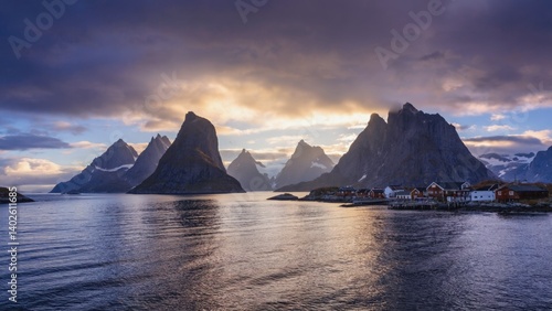 Obraz na płótnie Majestic mountains and calm sea at sunset in Lofoten Islands, Norway. w salonie