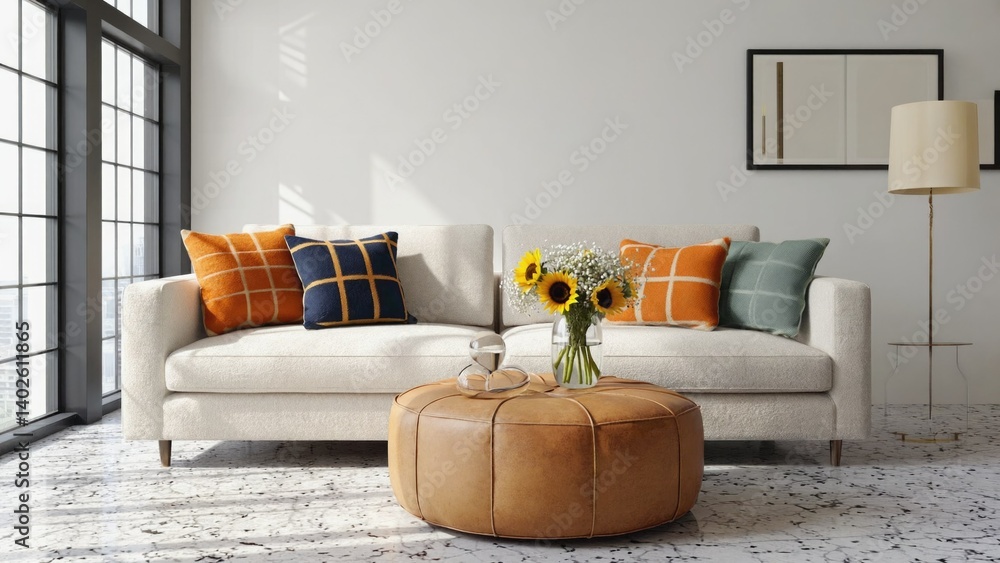 Modern and stylish living room with colorful decor, including a plush couch, round ottoman, vase of sunflowers, floor lamp, and city views.