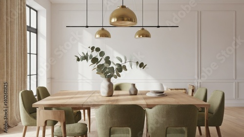 Obraz na płótnie This is a sophisticated modern living room, featuring a beautiful dining table set with stylish wooden chairs. w salonie
