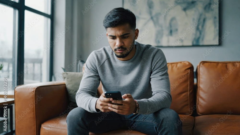 Young man absorbed in smartphone, relaxed on couch.