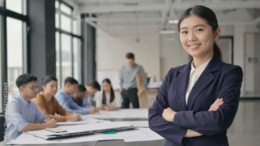 A young woman stands confidently between two men, smiling and dressed professionally. She is part of a diverse team engaged in work at an office meeting table.