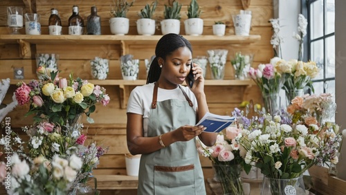 Obraz na płótnie Female florist holding a phone to her ear. She is surrounded by a variety of flowers and plants in the shop. The focus is on her professional appearance and multitasking. w salonie