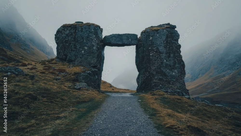 A misty day at a mountain pass where an old rock formation serves as a natural bridge over a trail.
