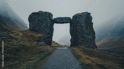 Obraz na płótnie A misty day at a mountain pass where an old rock formation serves as a natural bridge over a trail. w salonie