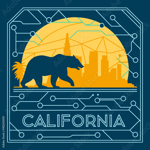 California Bear San Francisco Skyline Geometric Line Art Retro Digital Art