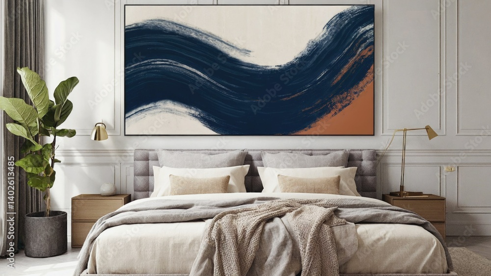 Bedroom with a modern touch featuring an abstract painting on the wall above the bed.