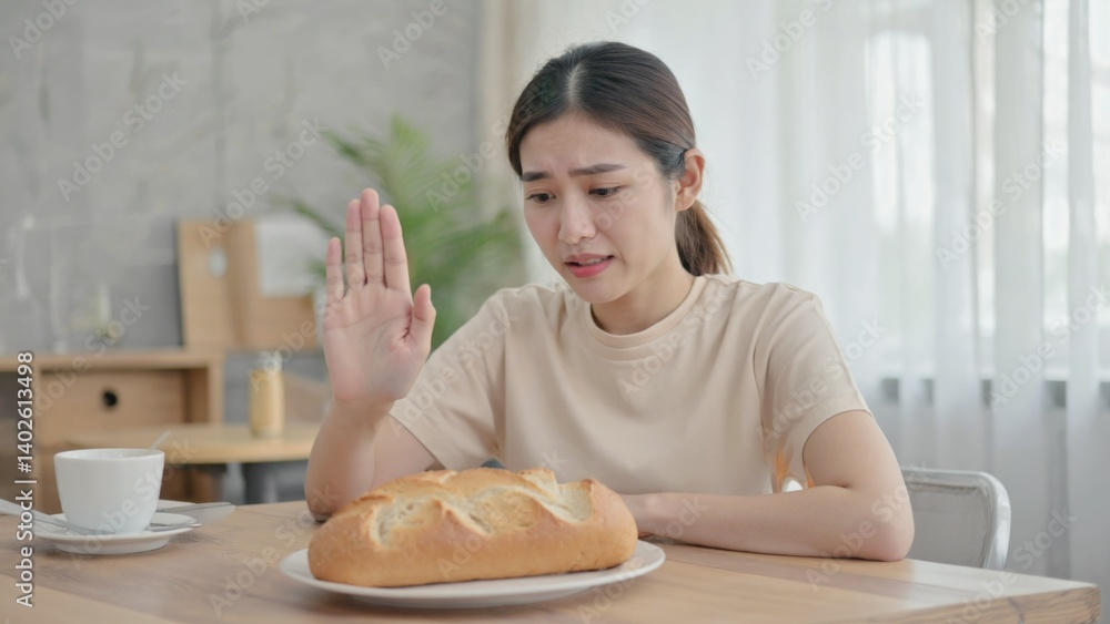 A woman with a look of surprise on her face, waving her hands in front of a loaf of sourdough bread. She is in a kitchen setting. The photo seems to be staged for stock photography purposes.