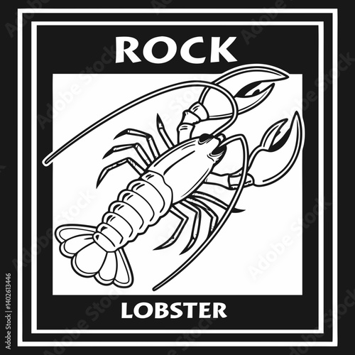 Rock Lobster Black and White Line Drawing Seafood Graphic