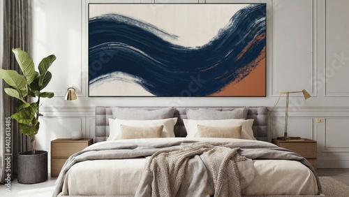Obraz na płótnie Bedroom with a modern touch featuring an abstract painting on the wall above the bed. w salonie
