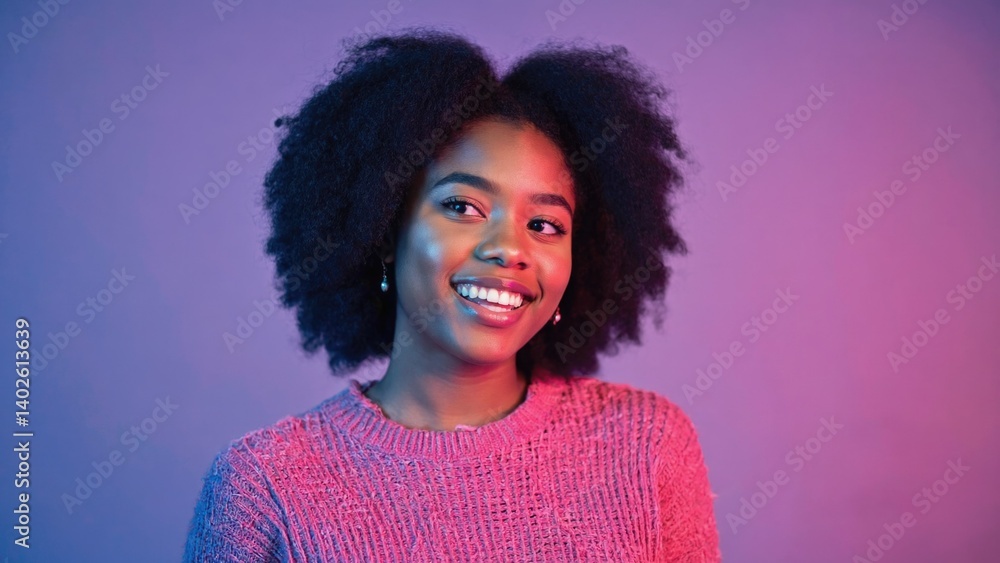 Young woman with large afro smiling, wearing pink sweater against purple background