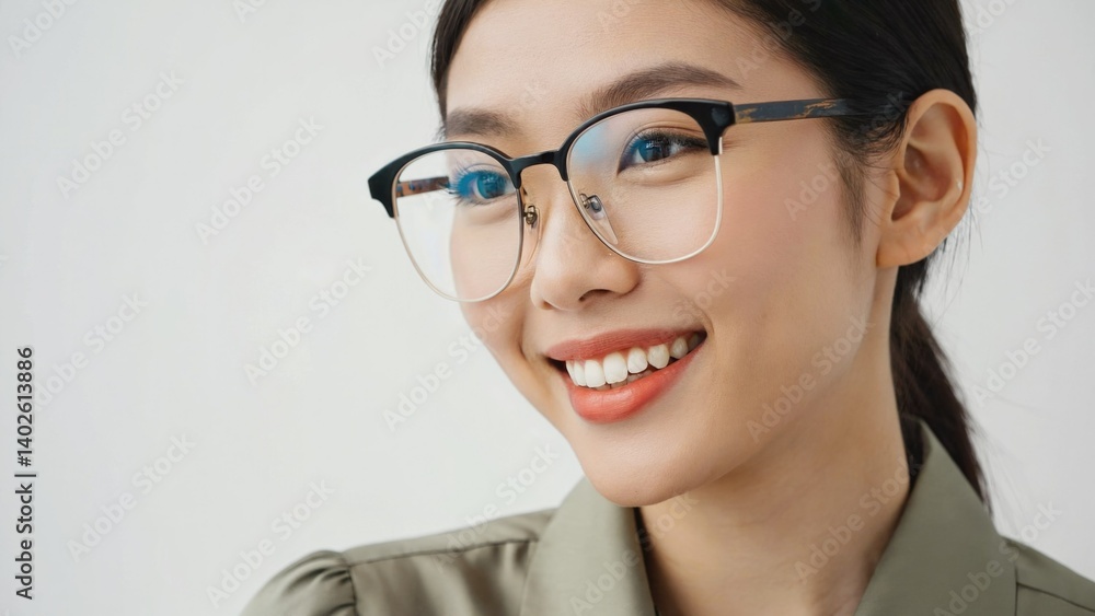 Smiling Asian woman in glasses wearing professional attire looking at the camera. Emotions suggest sense of accomplishment or friendliness.