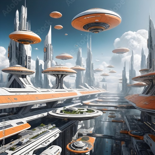Futuristic Cityscape with Flying Vehicles
