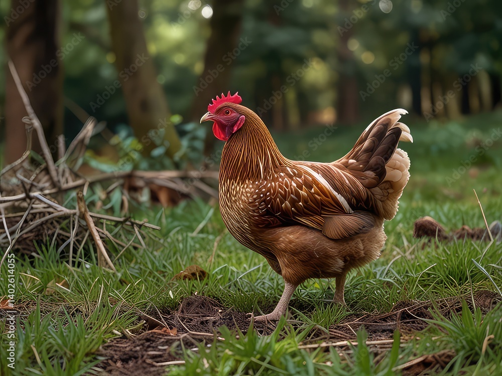 Fototapeta premium Beautiful Rooster in Lush Forest, Striking Brown and White Rooster in Nature, Elegant Farm Rooster in Green Woodland, Majestic Rooster Posing in Mossy Forest 
