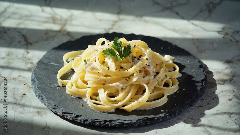 Homemade spaghetti with marinara sauce on a kitchen counter, cooked and ready to serve. Wooden table with stone plate.
