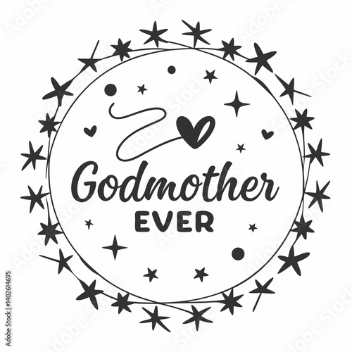 Decorative Circular Godmother Love Heart Stars Wreath Black and White Vector Design