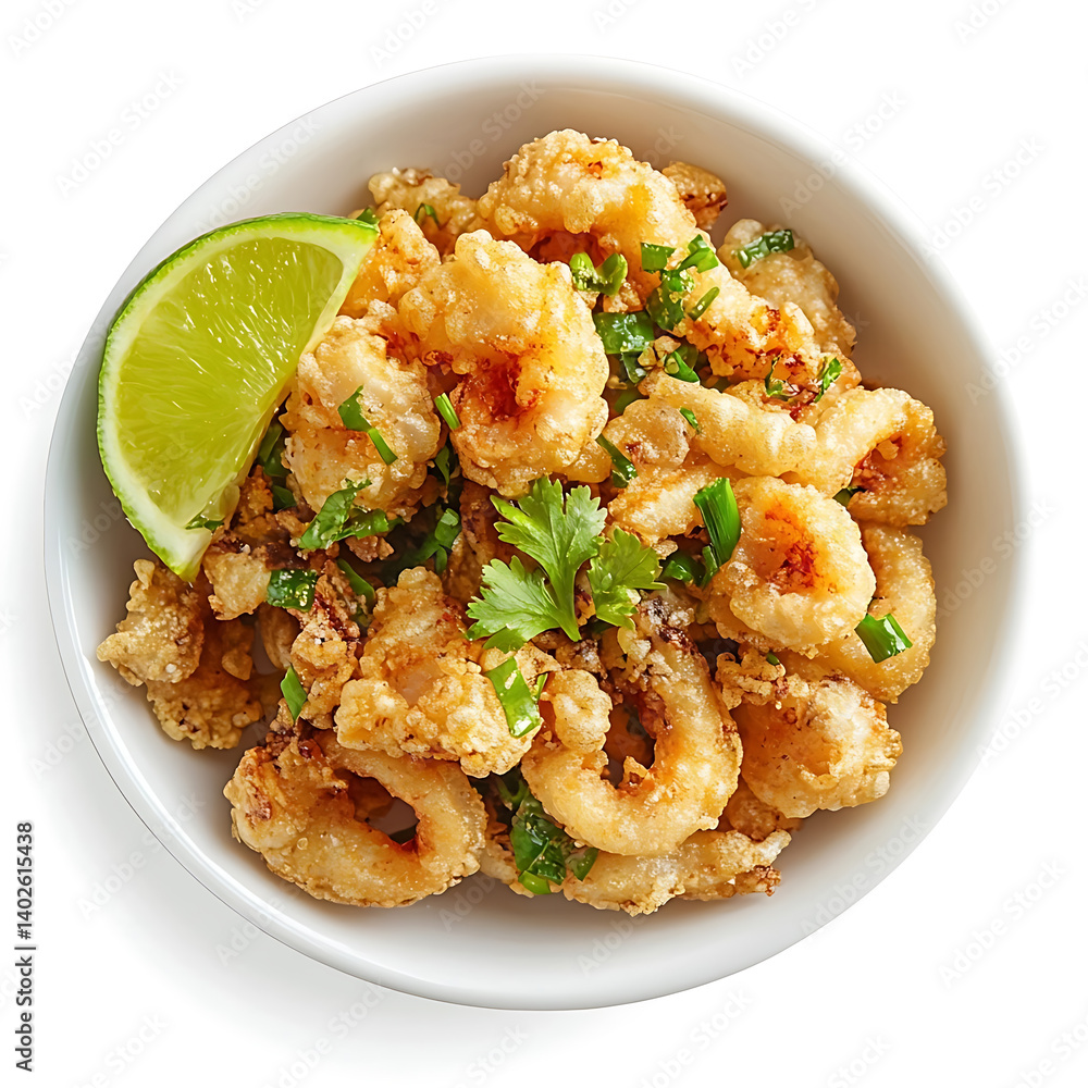 A golden crispy fried calamari with a crunchy outer batter, tender squid interior, and slight curl on the edges A golden crispy fried calamari with a crunchy outer batter, tender squid interior, and slight curl on the edges