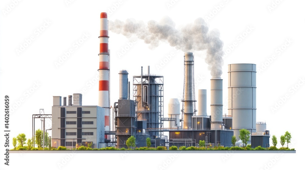 Obraz premium Large industrial manufacturing plant or factory complex with multiple tall chimneys or smokestacks emitting smoke plumes in an urban cityscape or landscape
