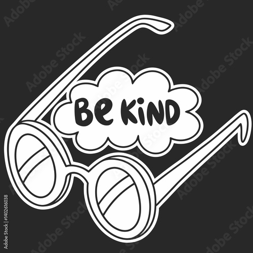 "Be Kind" Glasses Doodle - Round Eyeglasses - Black & White Line Art Illustration