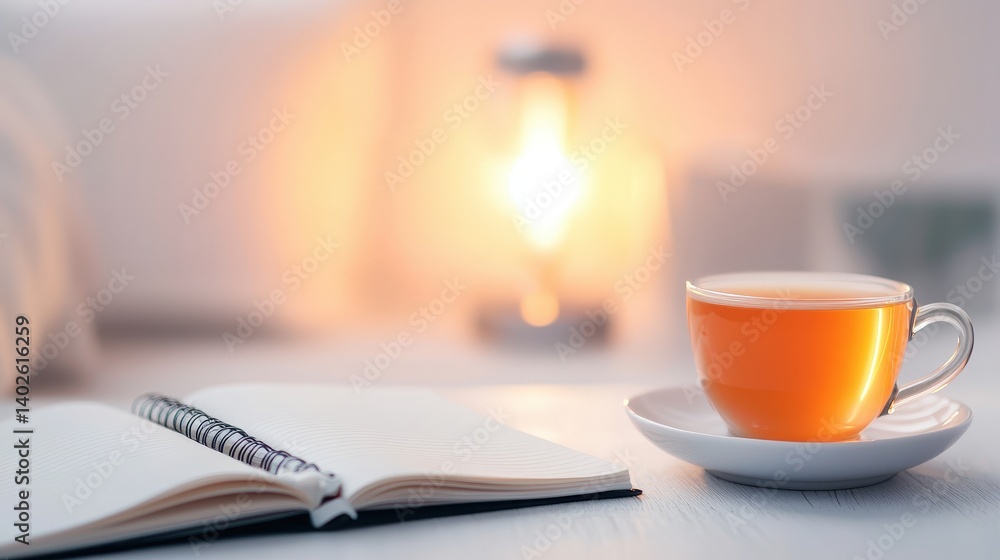 A serene scene featuring a cup of tea beside an open notebook, illuminated by soft light, perfect for relaxation or contemplation. A serene scene featuring a cup of tea beside an open notebook, illuminated by soft light, perfect for relaxation or contemplation.