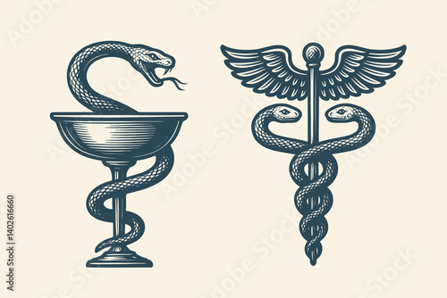 Engraved medical symbols with snakes and bold lines