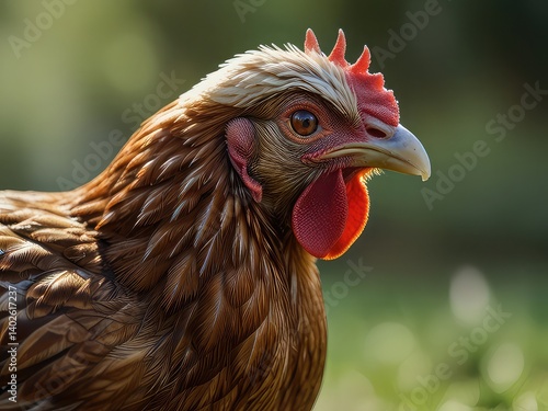 Beautiful Rooster in Lush Forest,
Striking Brown and White Rooster in Nature, Elegant Farm Rooster in Green Woodland, Majestic Rooster Posing in Mossy Forest 