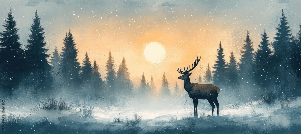 Scandinavian Winter Landscape Pattern with Deer, Pine Trees, Huts and Festive Elements for Christmas Decor Scandinavian Winter Landscape Pattern with Deer, Pine Trees, Huts and Festive Elements for Christmas Decor