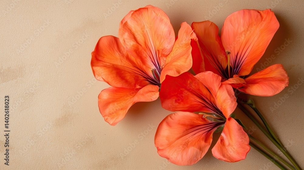 Obraz premium Vibrant orange flowers on beige background delicate petals and natural beauty Floral still life