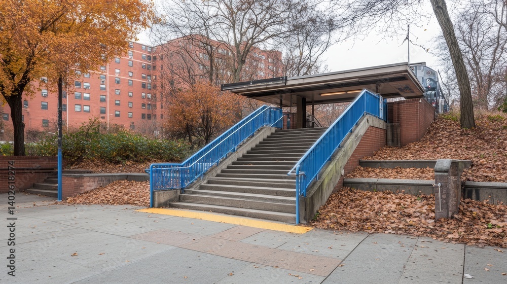 Subway station entrance with ramp and staircase in autumn: urban commute Subway station entrance with ramp and staircase in autumn: urban commute