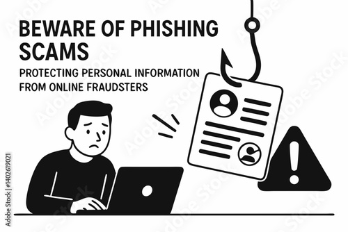 Cybersecurity Alert Vector Illustration: Phishing Scam Warning with Fishing Hook Catching Personal Information, Online Fraud Prevention Concept, Internet Security Education for Digital Protection