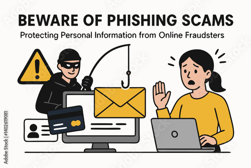 Beware of Phishing Scams Vector Illustration: Cybersecurity Education Concept with Hacker, Fishing Hook, Email Trap, Credit Card Theft, and Alarmed User for Online Safety Awareness Campaigns