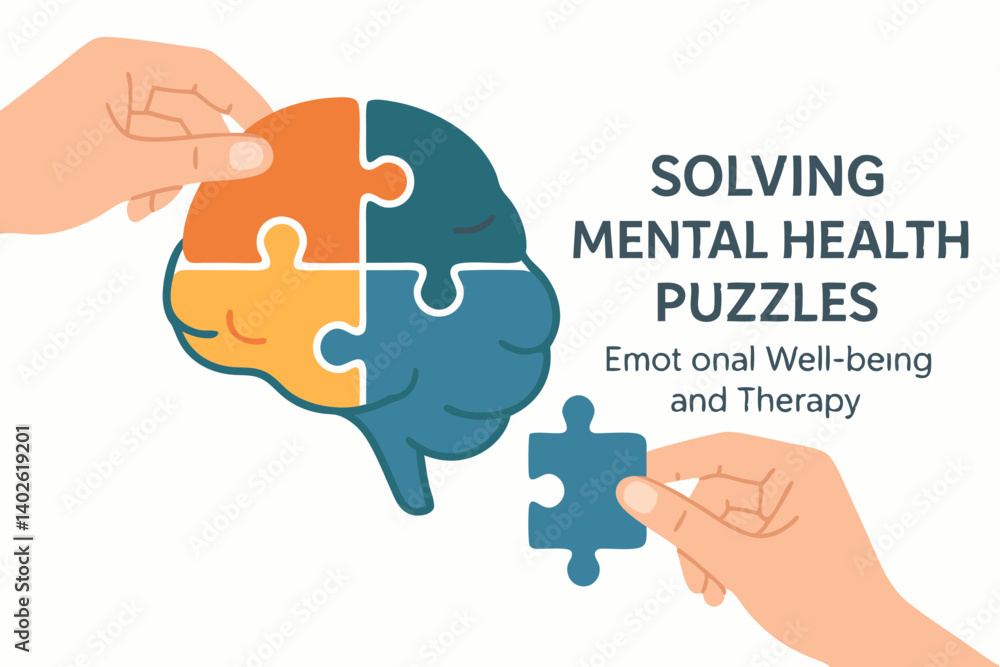 Mental Health Puzzle Concept with Human Brain and Hands, Psychology Therapy Illustration, Emotional Wellbeing Symbol, Cognitive Behavioral Treatment Metaphor, Mind Healing Vector Graphic Mental Health Puzzle Concept with Human Brain and Hands, Psychology Therapy Illustration, Emotional Wellbeing Symbol, Cognitive Behavioral Treatment Metaphor, Mind Healing Vector Graphic