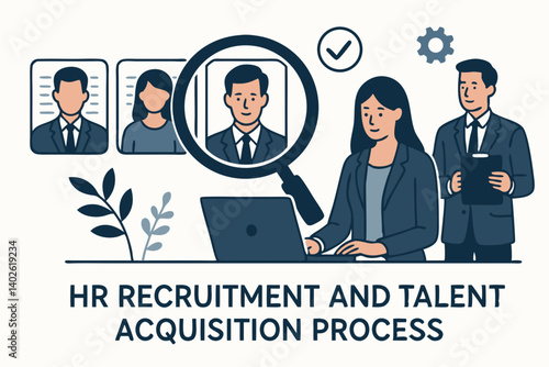 Professional HR Recruitment and Talent Acquisition Process Vector Illustration with Business People, Resume Screening, Candidate Selection, Interview Process and Corporate Hiring Management